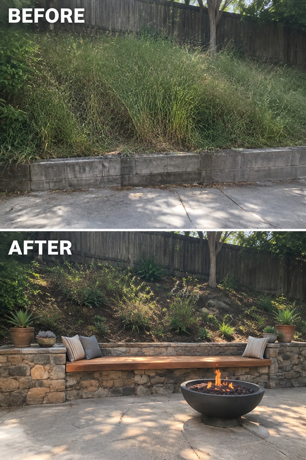 Before and after of overgrown slope turned into stone patio with bench and fire pit.