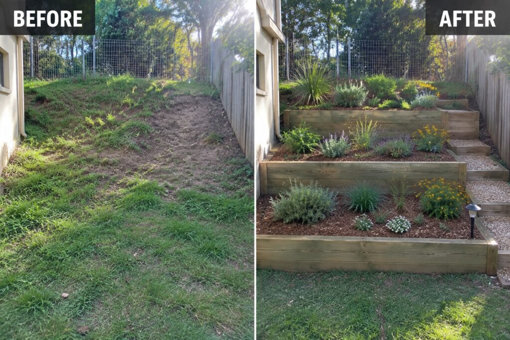 20 Practical Small Garden Makeover Ideas for Uneven Ground Before and after of backyard slope turned into tiered wooden planter garden with gravel paths.