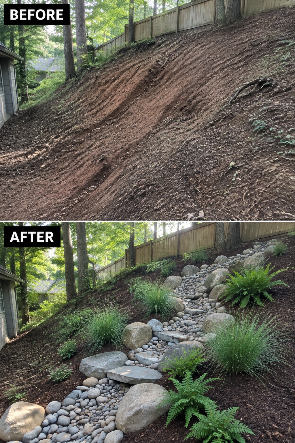 Before-and-after image of a bare dirt slope transformed into a landscaped garden with a winding rock path, boulders, mulch, and ferns.
