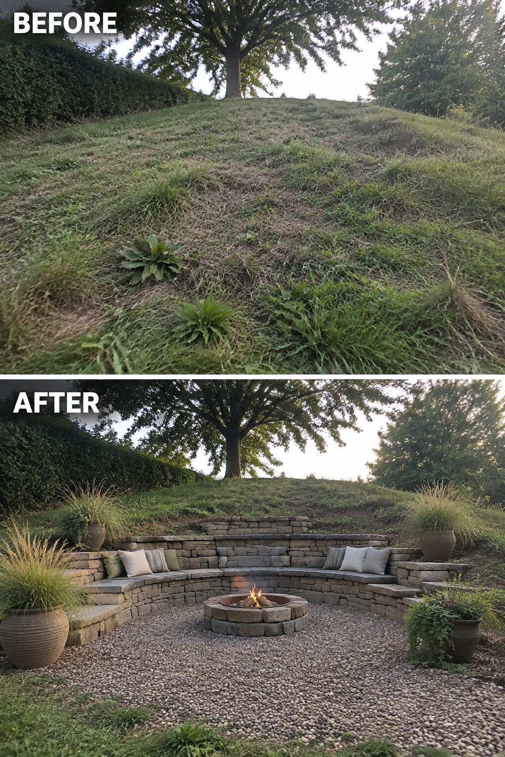 Before and after of grassy hillside transformed into curved stone fire pit patio with seating.