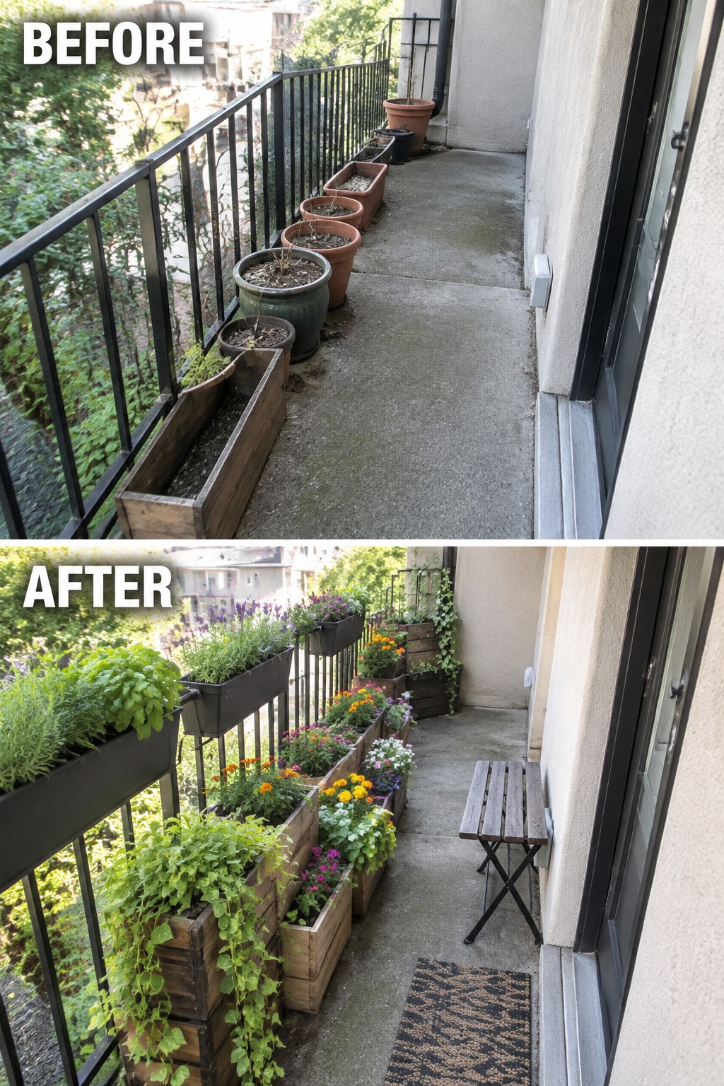Before-and-after balcony with sparse planters transformed into lush colorful flower garden and bench
