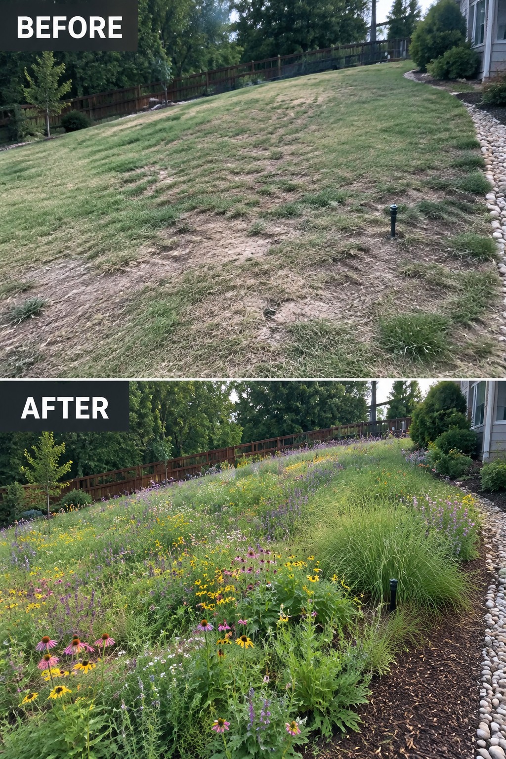 Before and after of hillside yard transformed from patchy grass to colorful wildflowers.