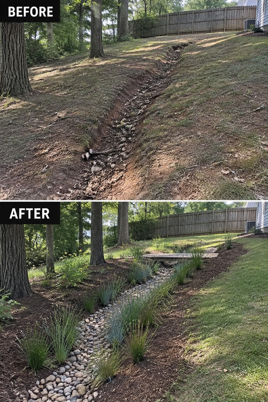 Before-and-after backyard slope with erosion ditch transformed into stone dry creek bed with grasses.