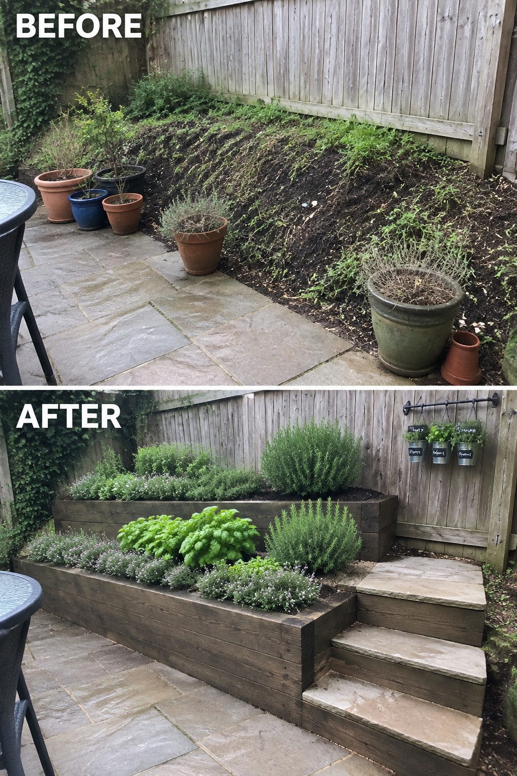 Before and after of sloped backyard with new raised wooden beds and stone steps.