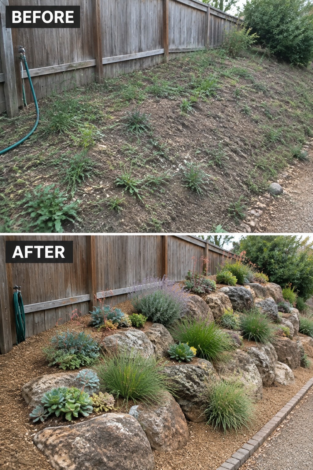 Before-and-after image of a weedy dirt slope next to a fence changed into a landscaped garden with large rocks, succulents, grasses, and mulch.