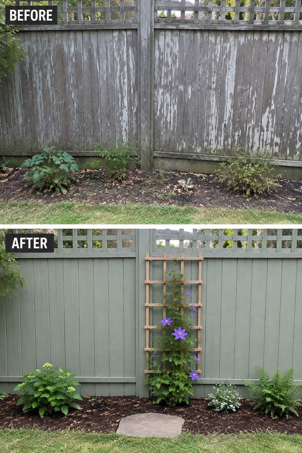 Before and after of weathered fence painted green with added trellis and plants