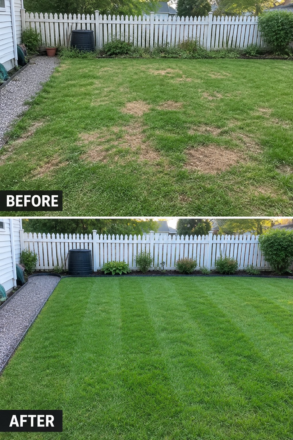 Before and after of patchy lawn transformed into striped green turf beside white fence.