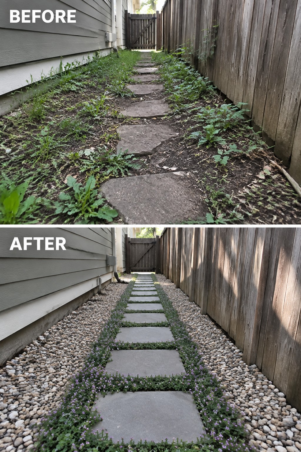Before-and-after of overgrown stone path transformed into neat gravel walkway with flowers.
