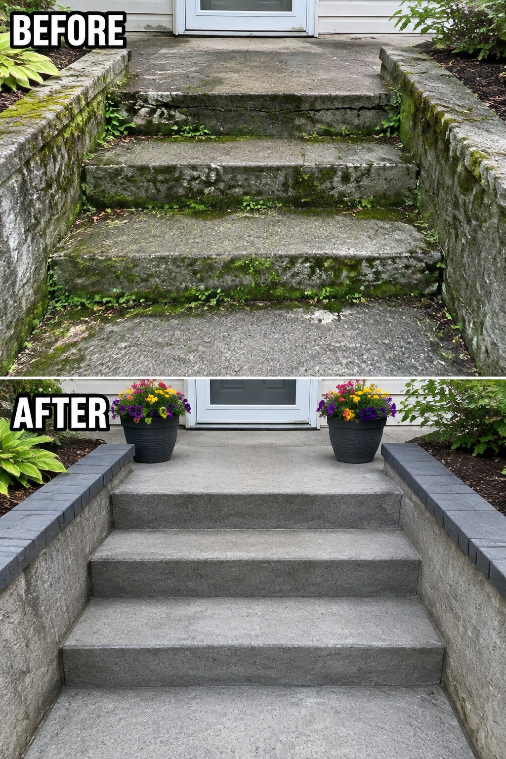 Before and after of mossy concrete steps cleaned and adorned with colorful flower pots.