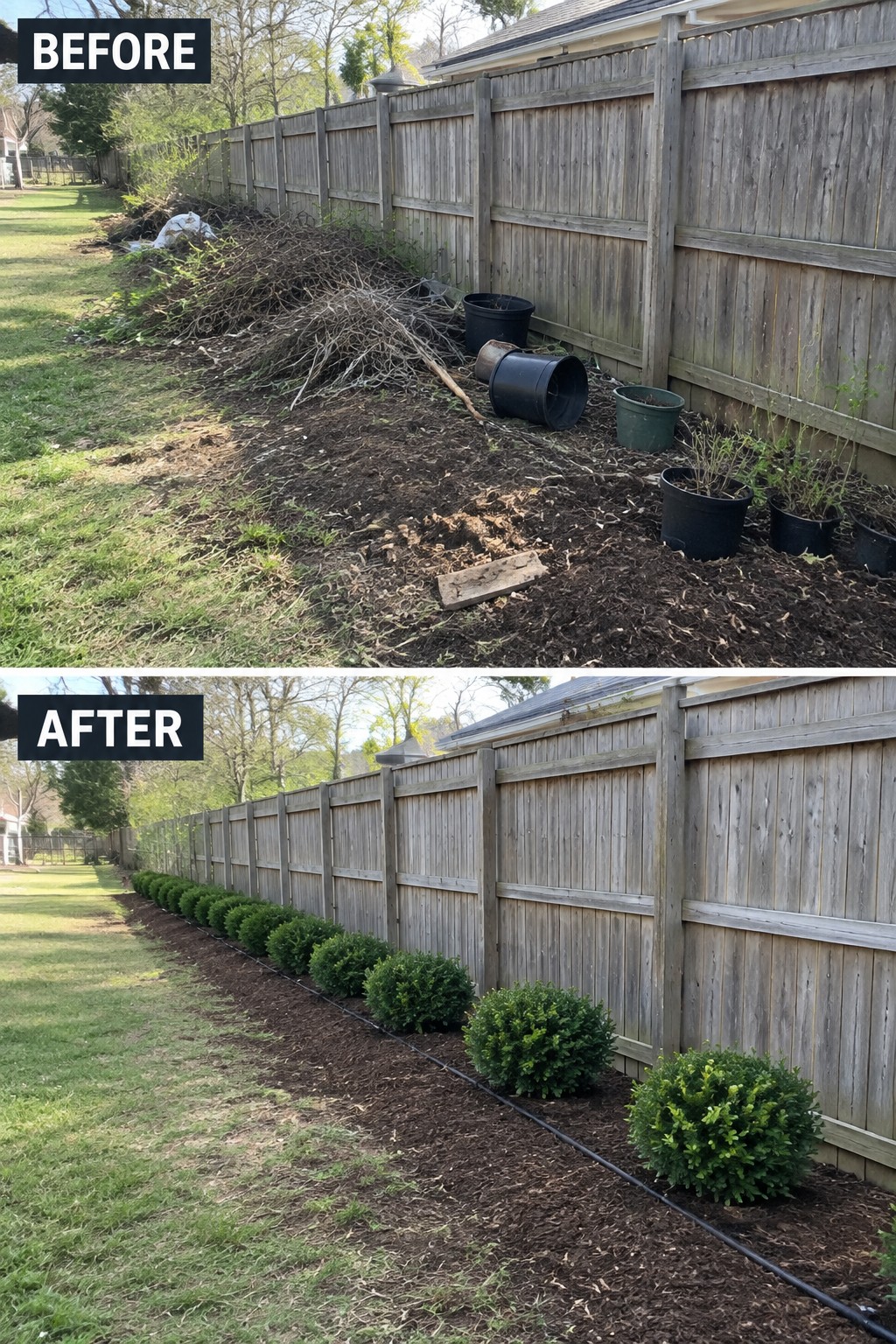 Before-and-after image of an overgrown, cluttered strip along a fence changed into a clean mulched border with a row of shrubs.