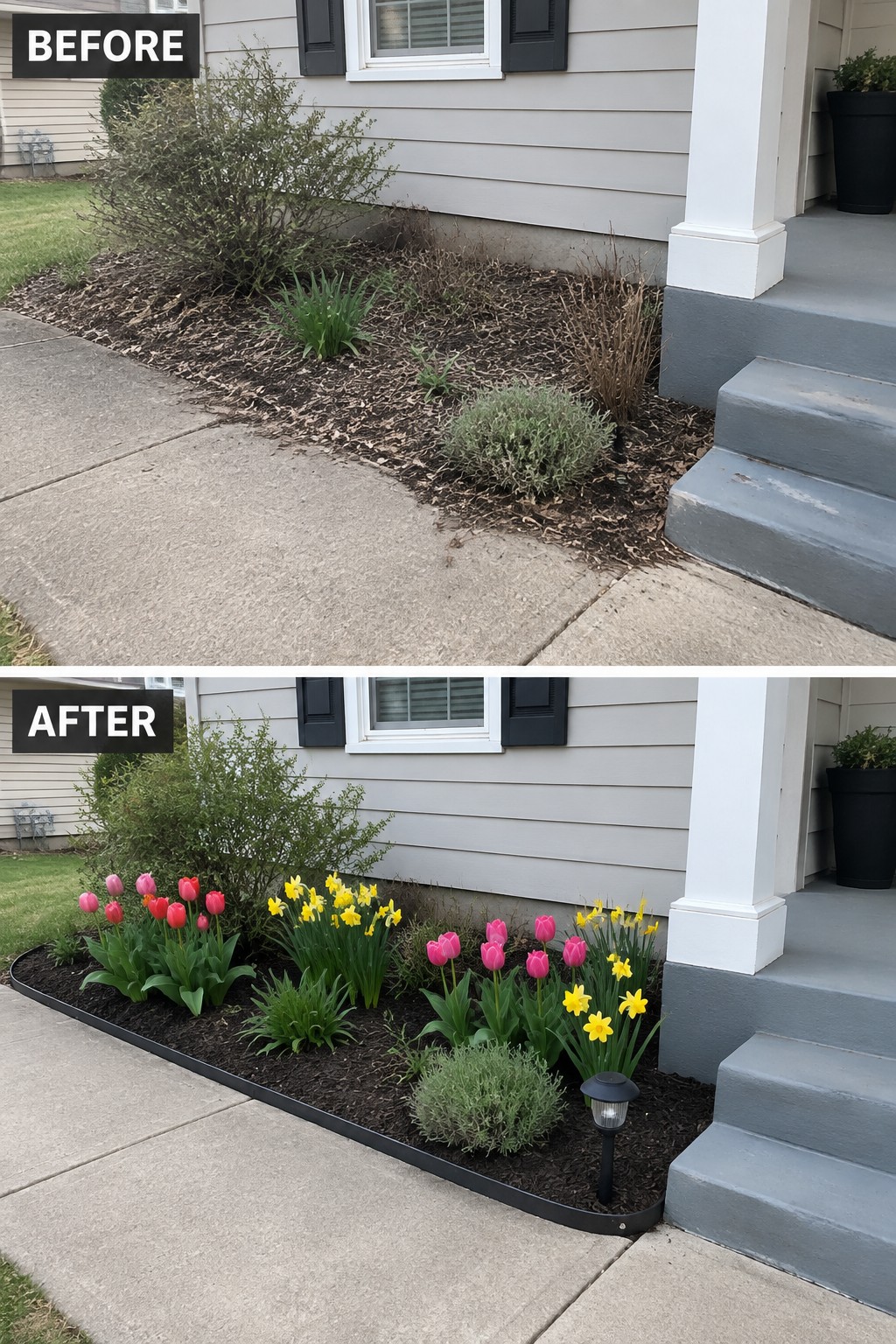 Before-and-after view of house garden bed with pink tulips, yellow daffodils and solar light added.