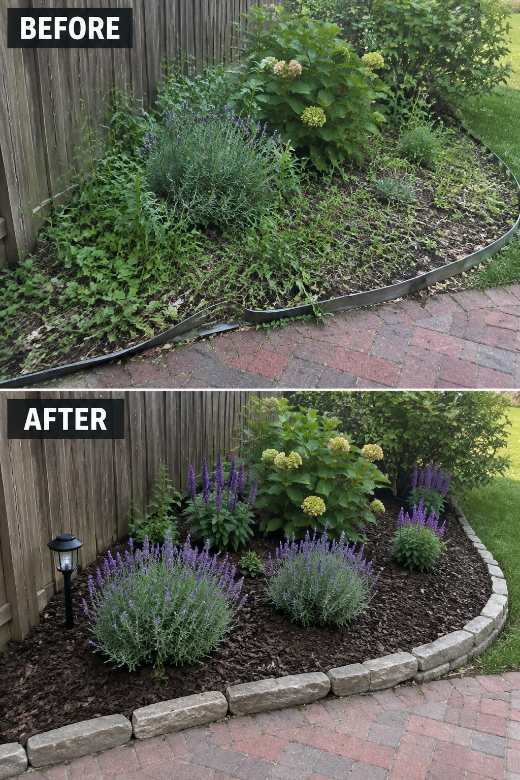 Before-and-after image of an overgrown garden bed transformed with stone edging, mulch, and neatly arranged plants.