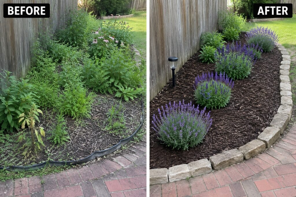 Before-and-after image of an overgrown garden bed transformed with stone edging, mulch, and neatly arranged plants.