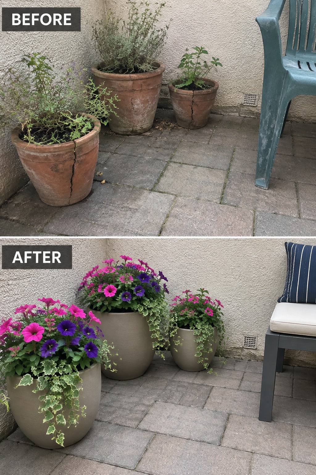Before-and-after patio pots: cracked terracotta with sparse plants to vibrant blooms in modern planters.