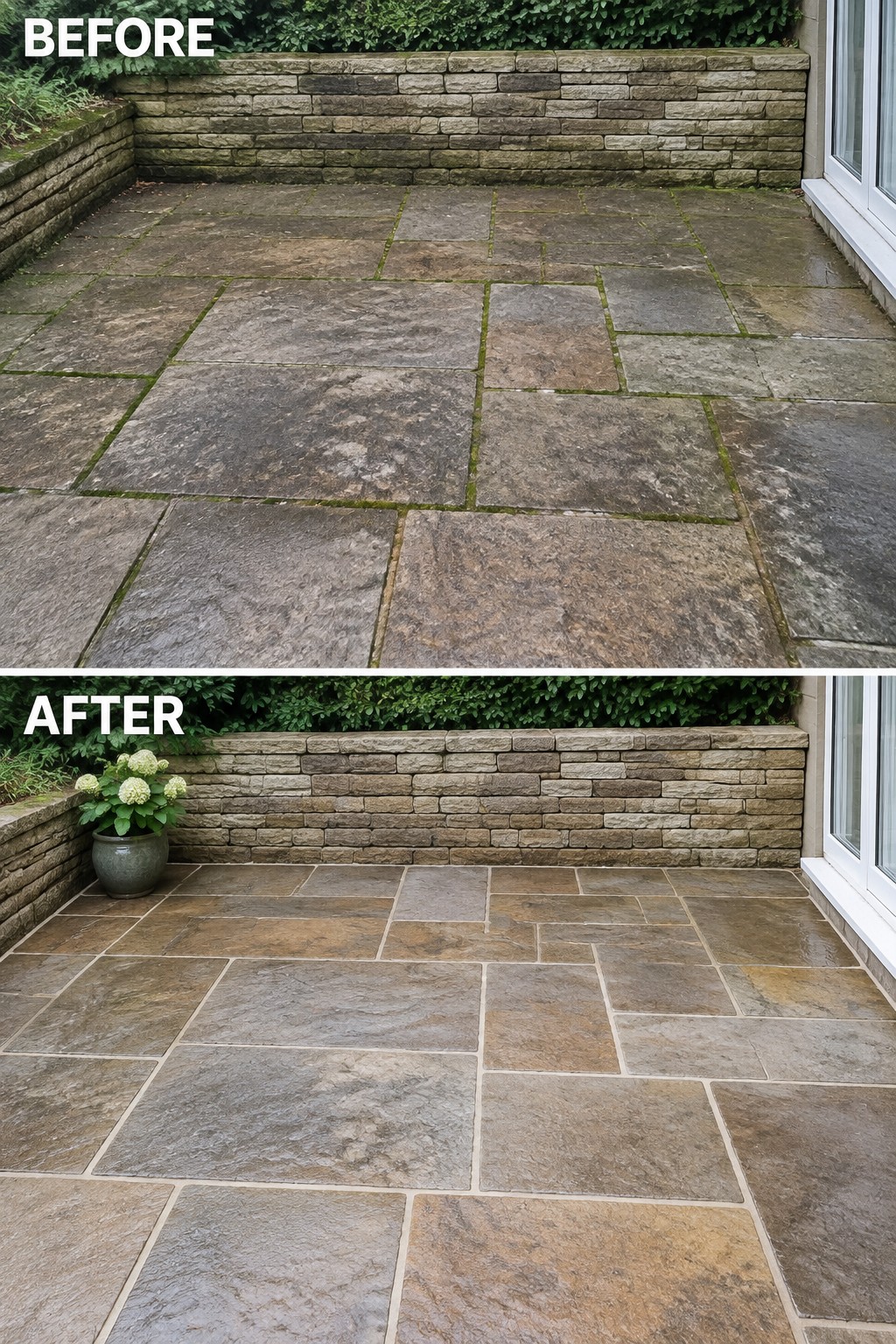 Before and after of mossy stone patio cleaned with added potted plant.