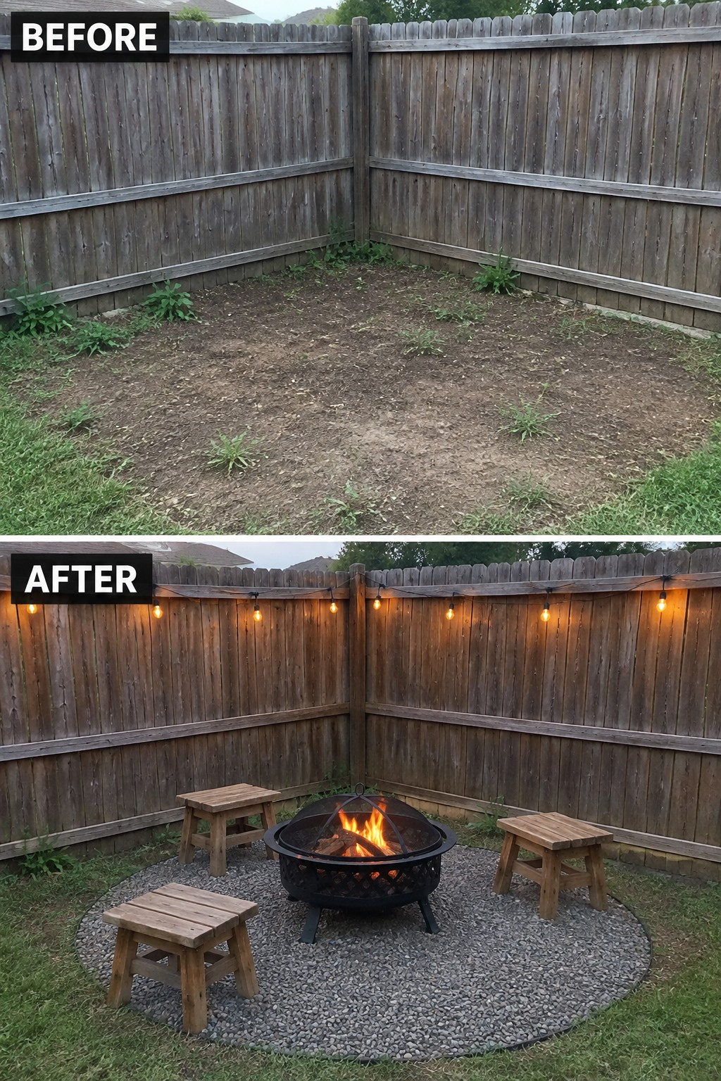 Before-and-after image of a bare dirt backyard corner changed into a gravel fire pit area with wooden stools and string lights along the fence.