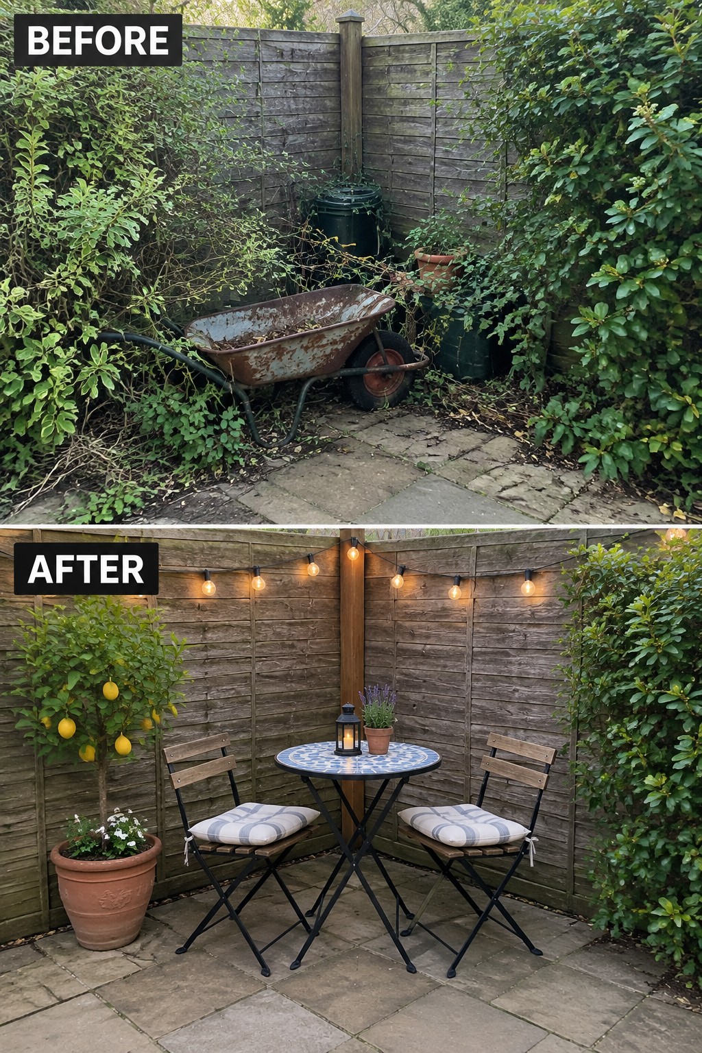 Before-and-after image of an overgrown garden corner transformed into a patio seating area with a small table, chairs, and string lights.