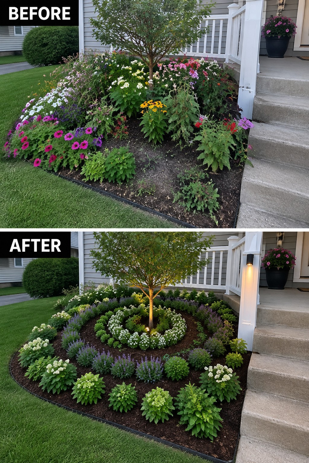 Before-and-after of overgrown flower bed transformed into neat circular garden around tree