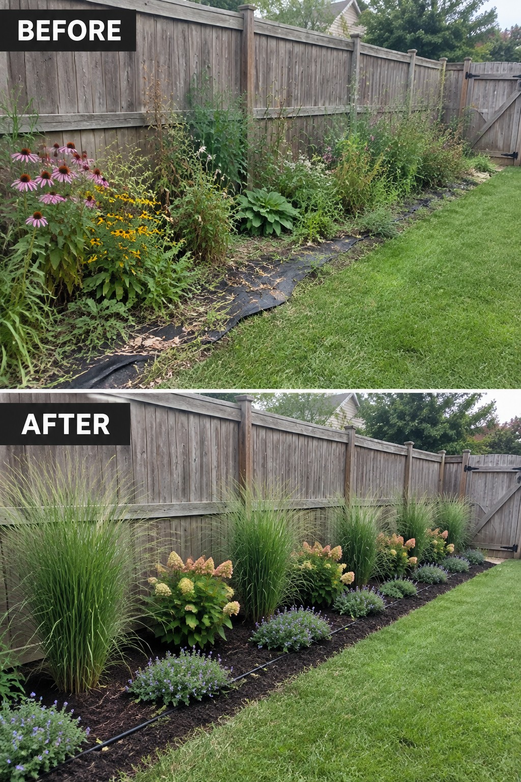 Before-and-after garden bed: overgrown weeds transformed into neat grasses, hydrangeas and flowers by fence