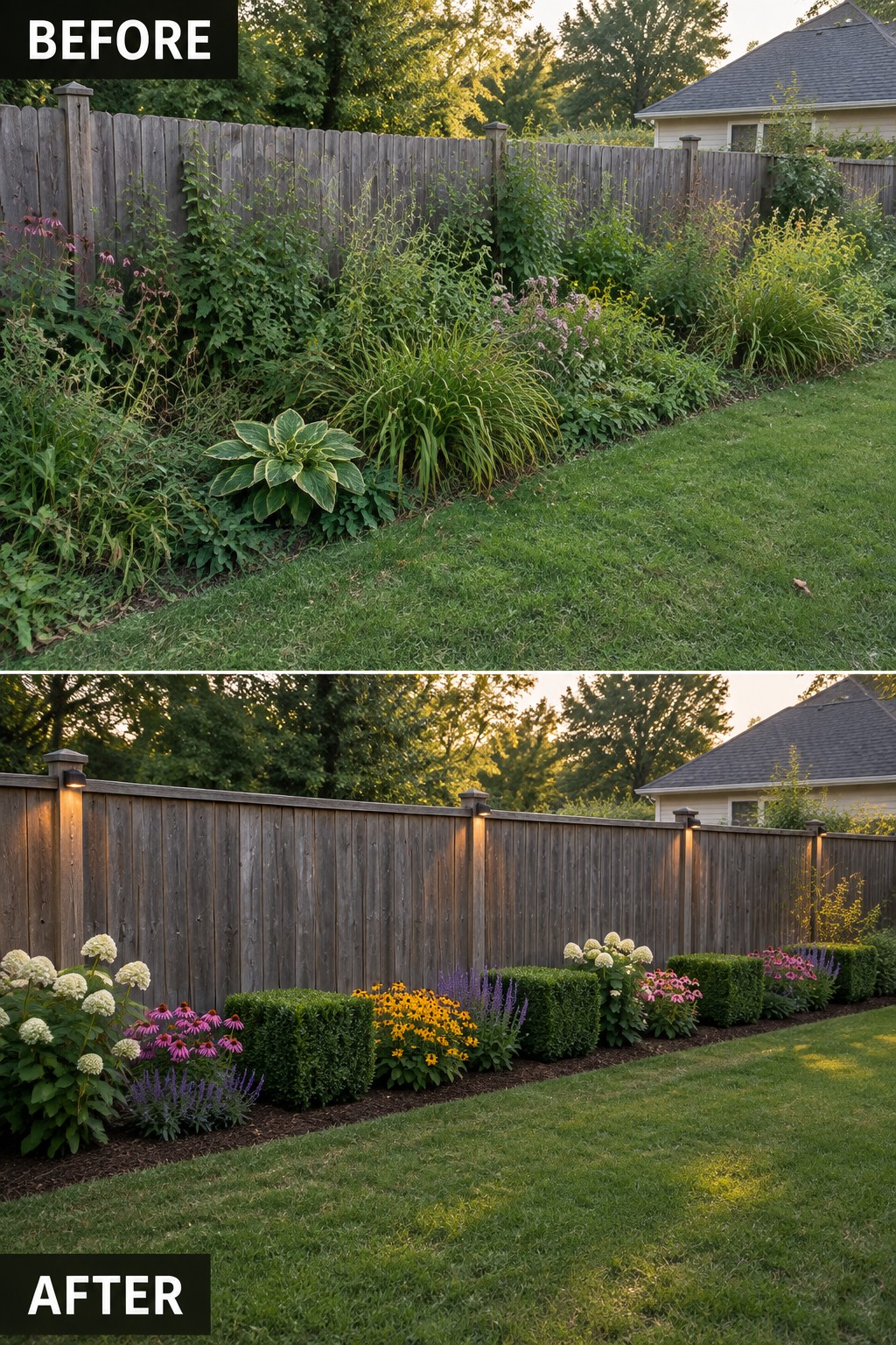 Before-and-after image of an overgrown garden border cleaned up into a neat flower bed with layered shrubs, perennials, mulch, and fence lighting.