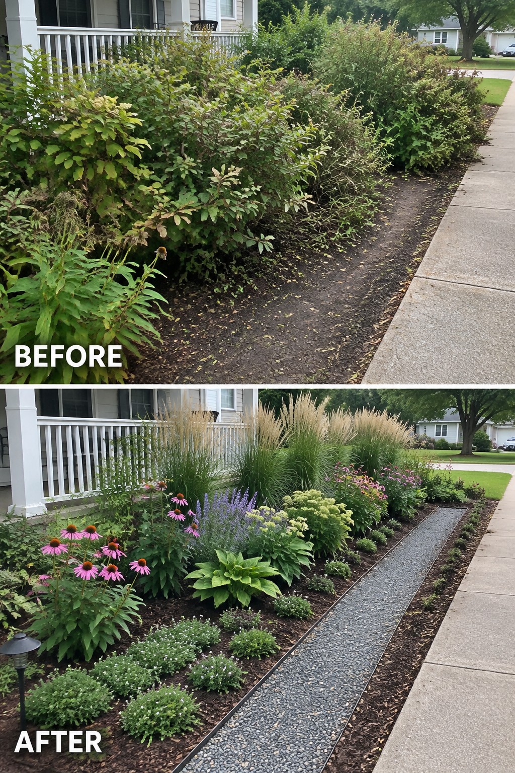 Before and after of overgrown shrubs transformed into colorful flower garden with gravel path.