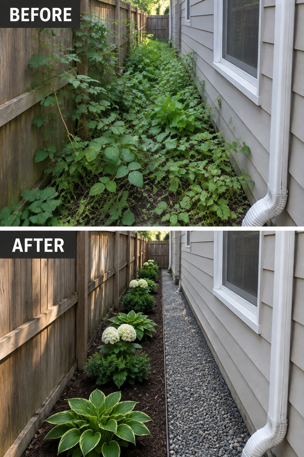 Before and after of overgrown weeds between fence and house turned into planted garden bed.