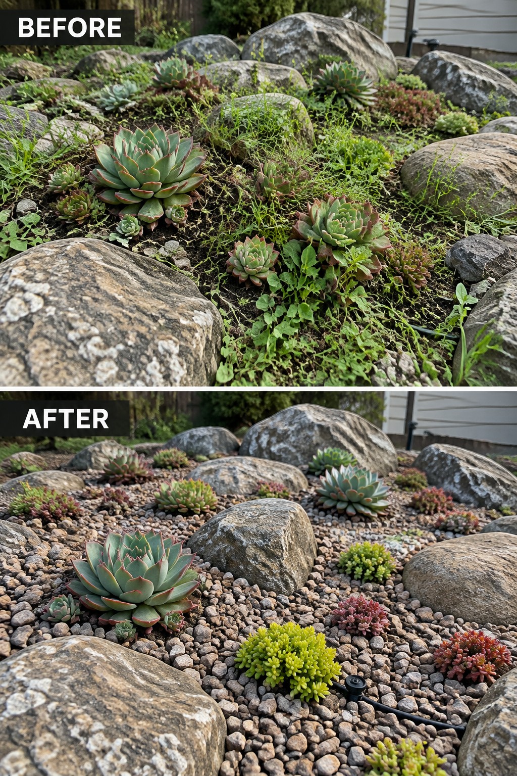 Before and after of weedy succulent garden transformed with gravel mulch and rocks