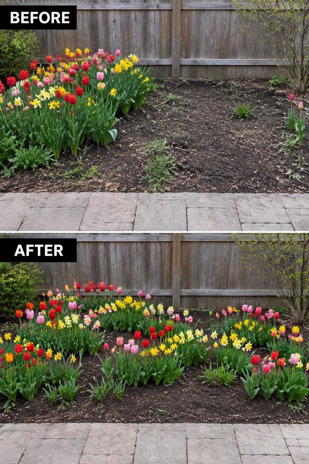 Before and after of colorful tulip garden bed along wooden fence with stone path