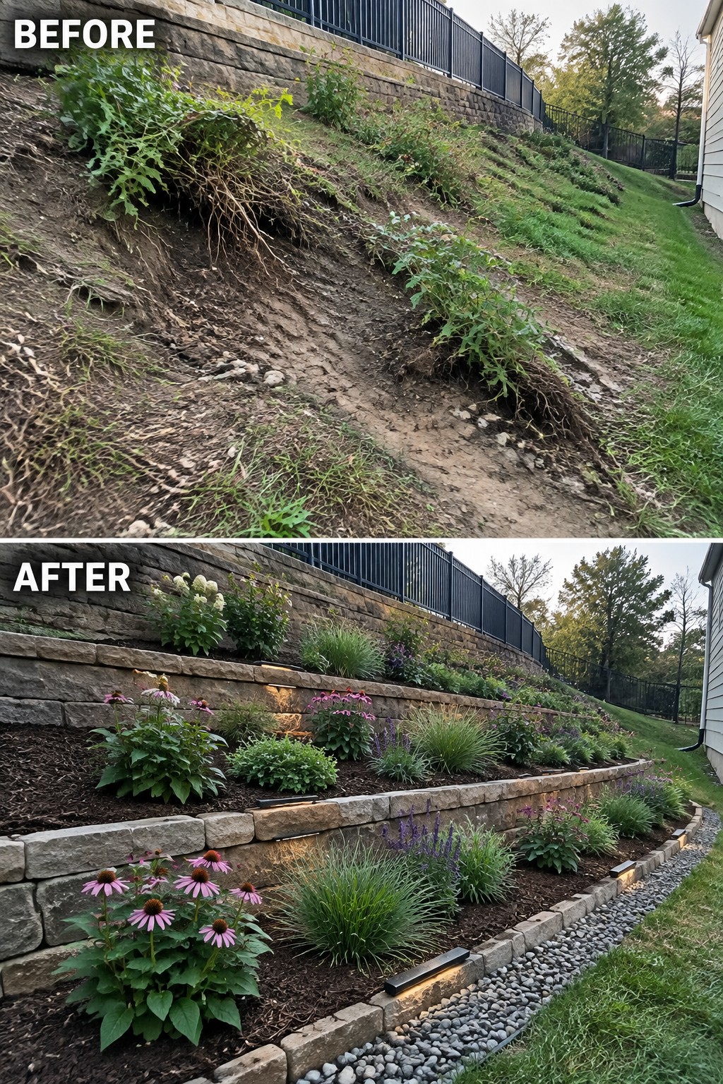 Before-and-after image of an eroded slope changed into terraced stone retaining walls with layered garden beds and plants.