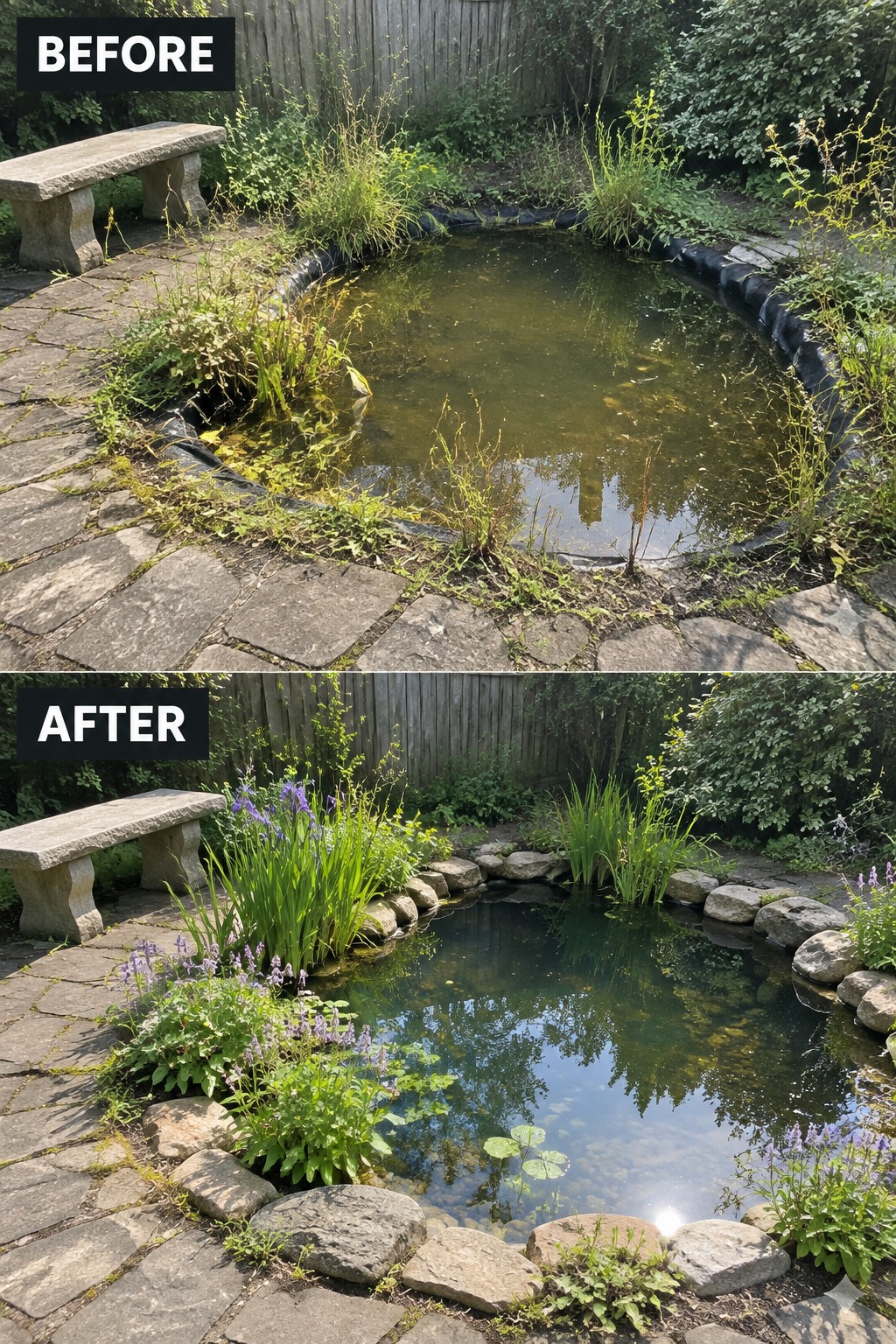 Before-and-after garden pond: murky weeds transformed into clear water with rocks and blooms.