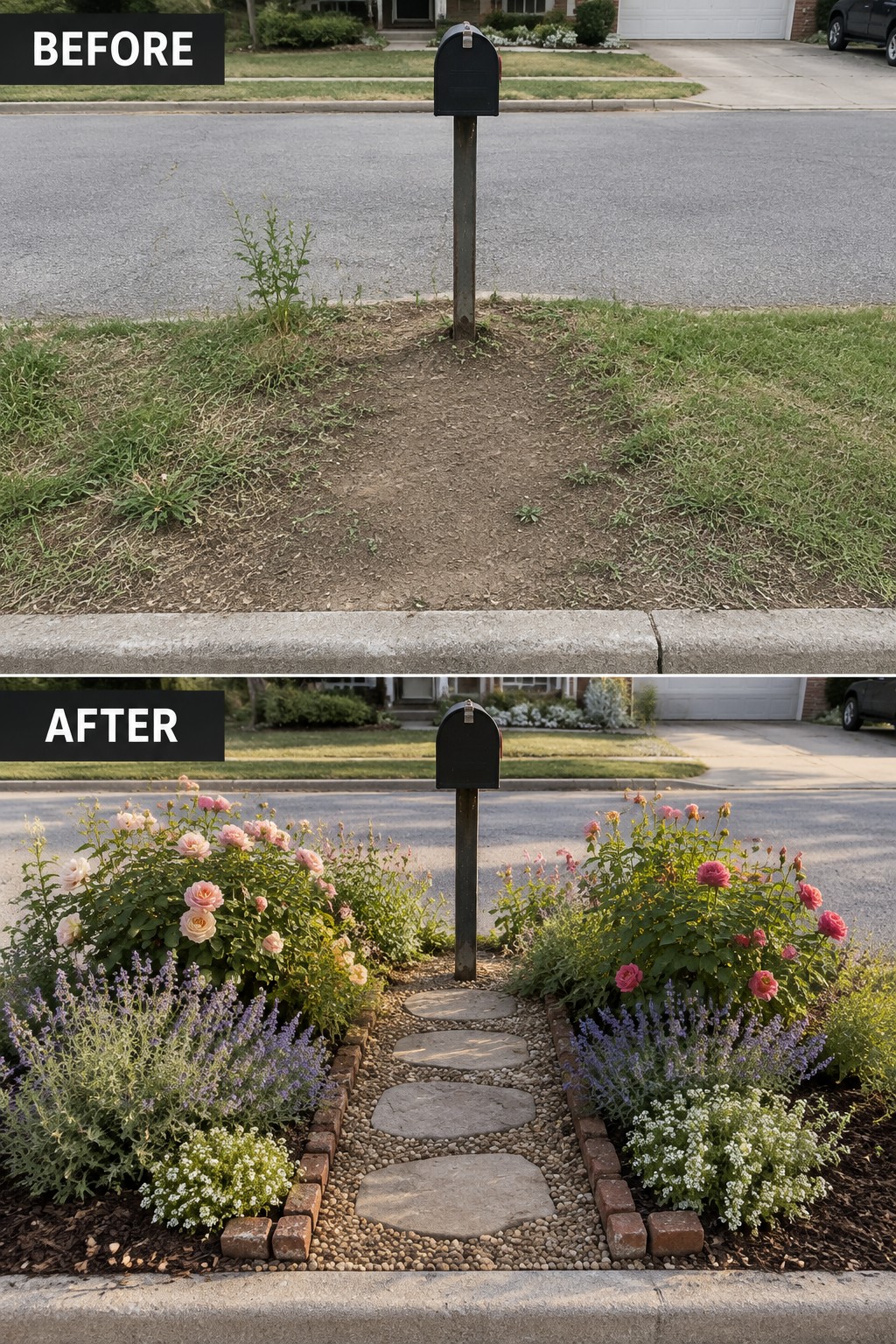 Mailbox post before and after garden makeover with pink roses, lavender, and stone path.