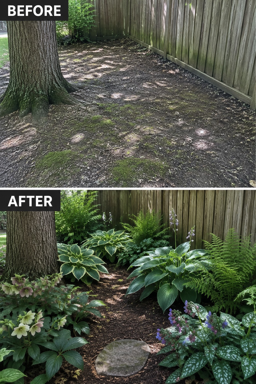 Before-and-after garden bed: bare mossy soil transformed into lush hostas, ferns and flowers.