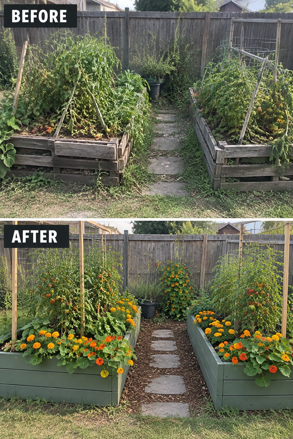 Before-and-after image of an overgrown garden with raised beds changed into neat painted beds filled with flowers, mulch, and a clean stone path.