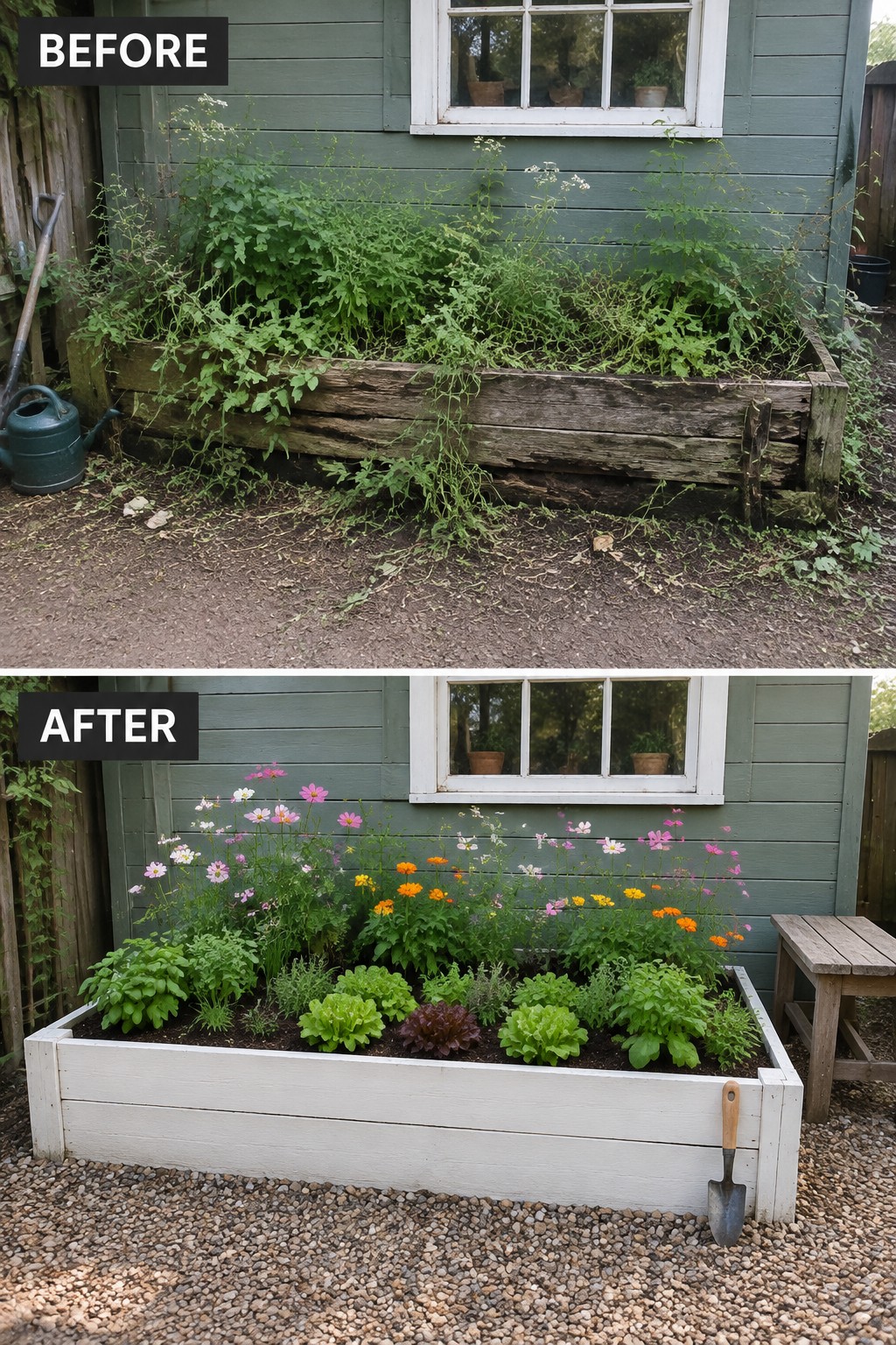 Before and after of overgrown wooden planter transformed into neat white flower and vegetable bed.