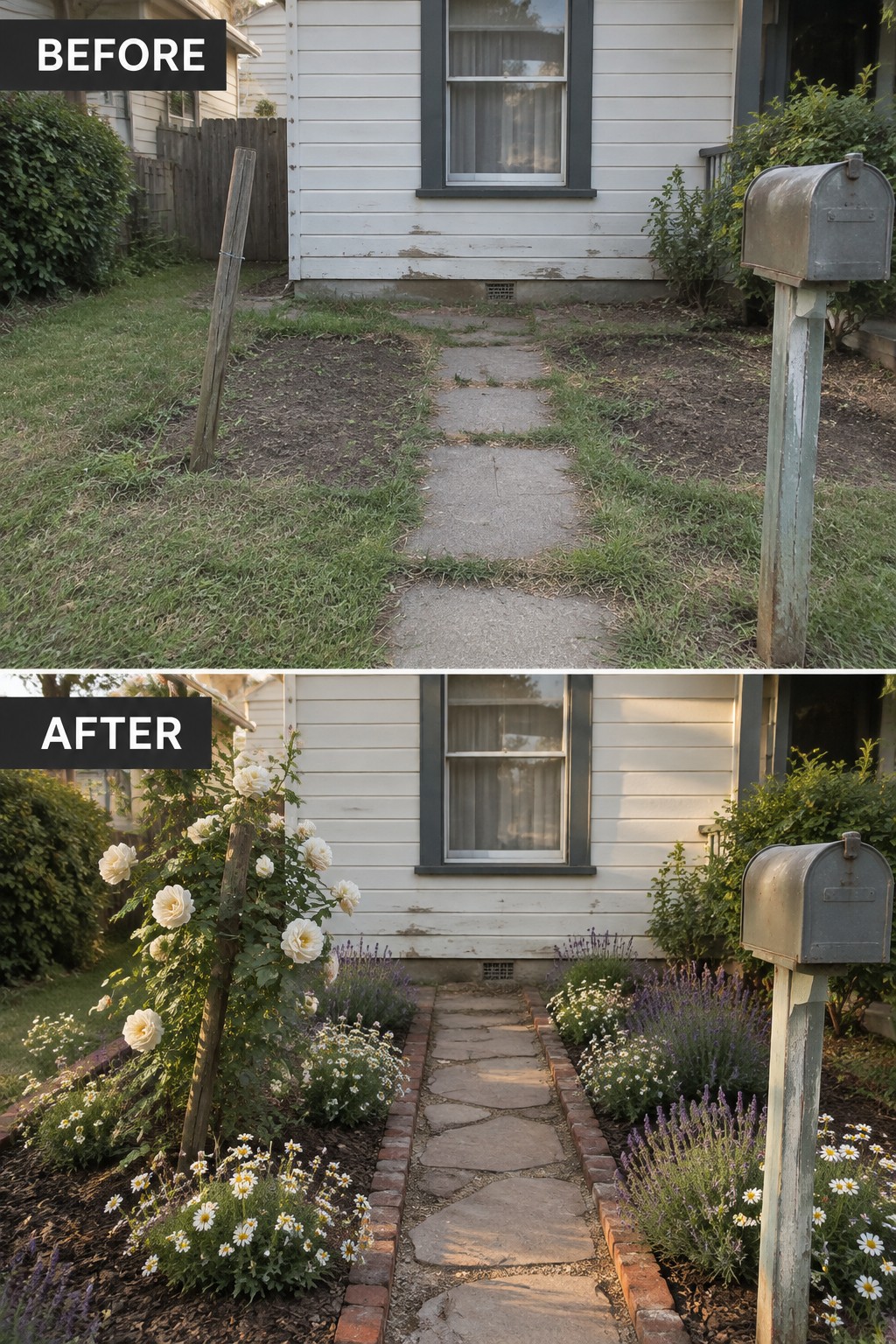 Before-and-after image of a front yard showing an overgrown lawn and plain concrete path changed into a landscaped garden with brick-edged beds, flowers, and shrubs.