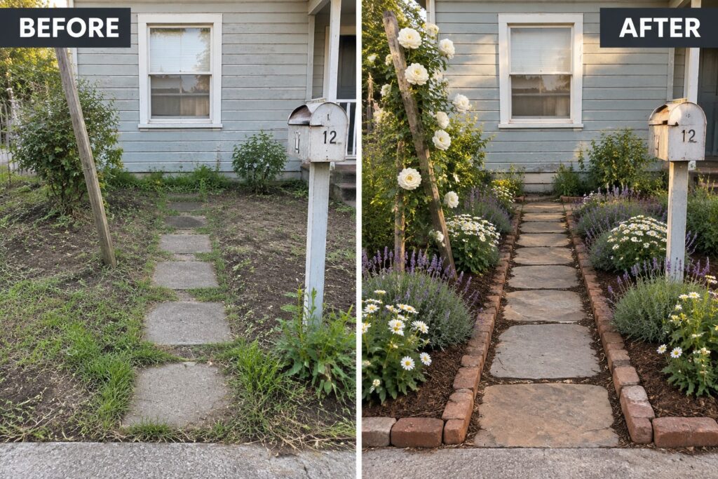 Before-and-after image of a front yard showing an overgrown lawn and plain concrete path changed into a landscaped garden with brick-edged beds, flowers, and shrubs.