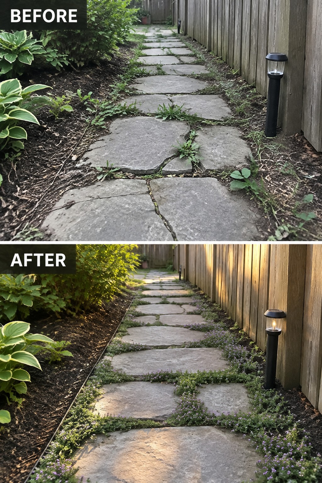 Before-and-after image of an overgrown stone garden path changed by adding low-growing plants and flowers along both edges.