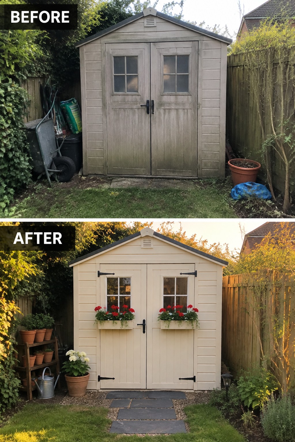 Before and after of gray cluttered shed repainted cream with red flower boxes and path.