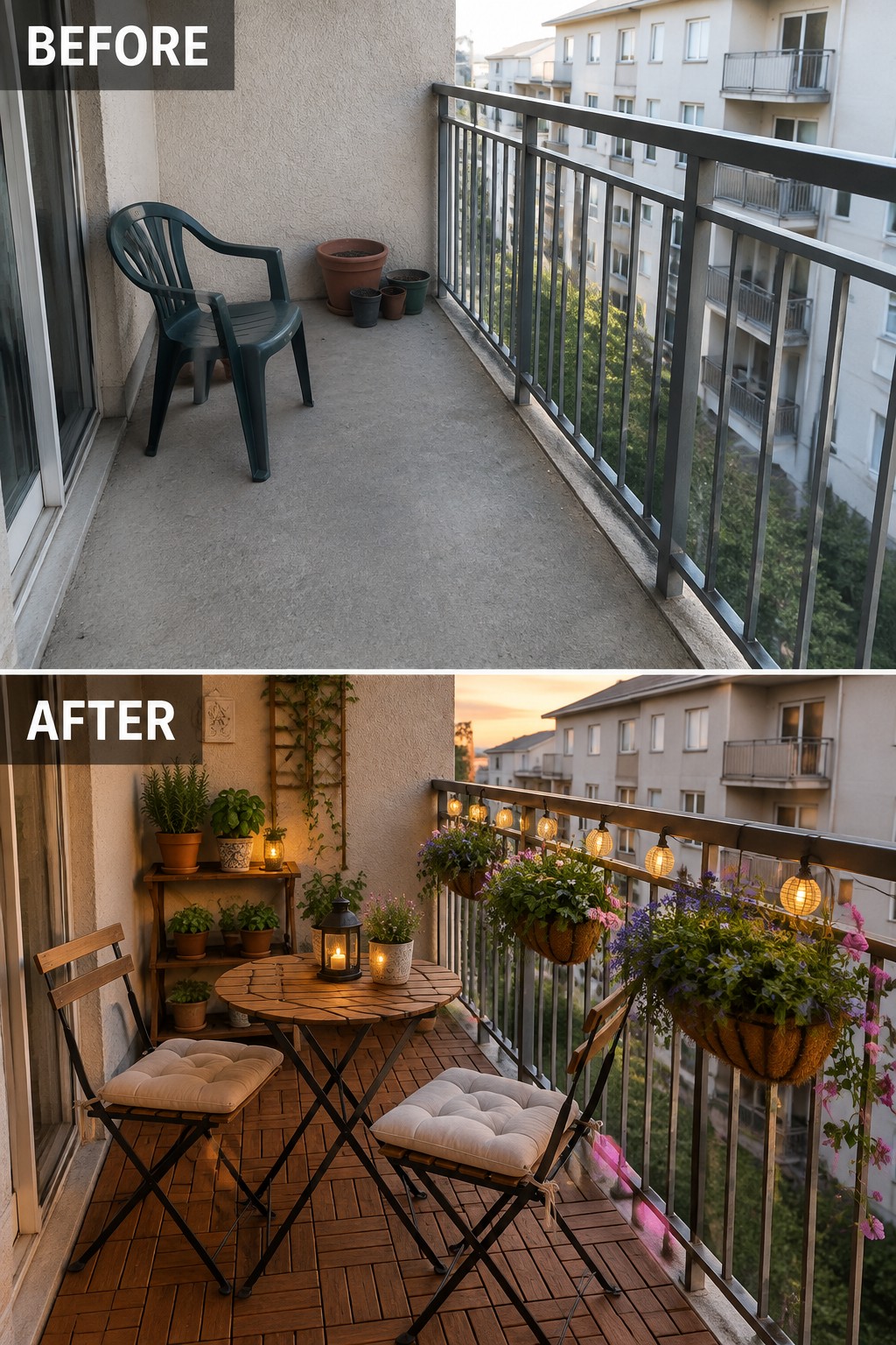 Before and after balcony with plants, lights, table, chairs, and wooden flooring