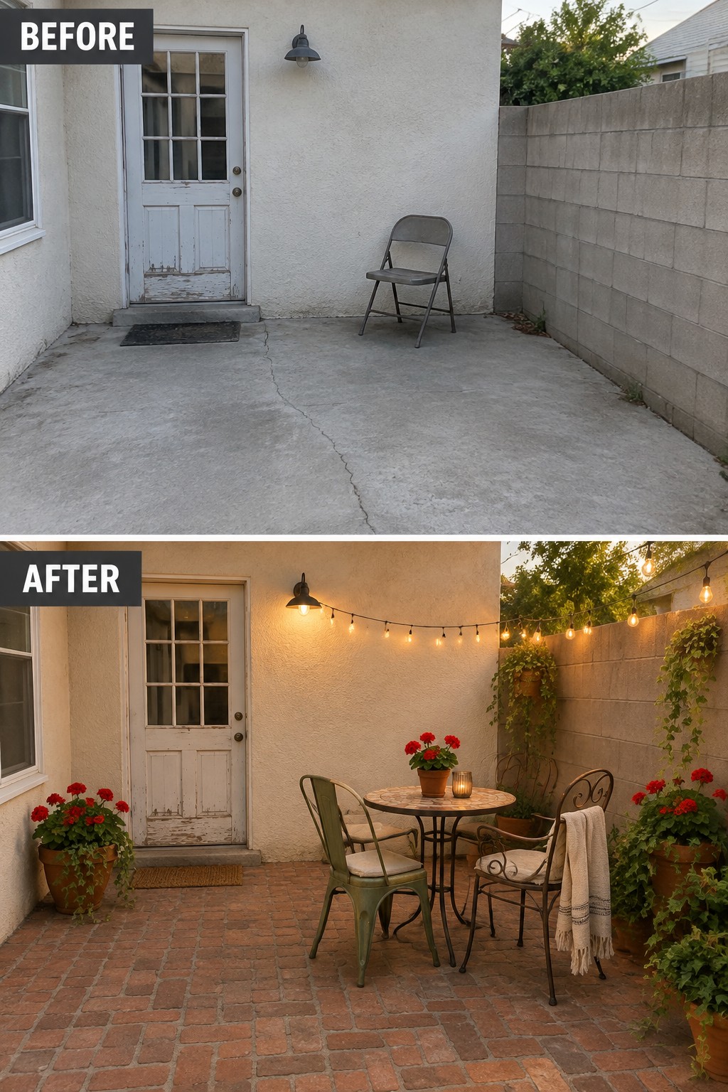 Before and after of concrete patio transformed into brick courtyard with lights and plants.