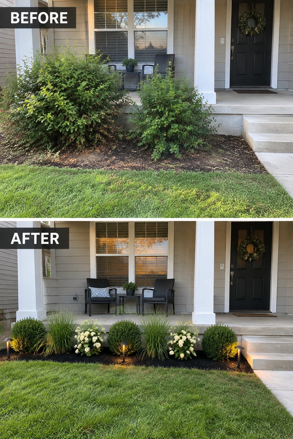 Before and after porch landscaping with overgrown bushes replaced by neat shrubs and lights.