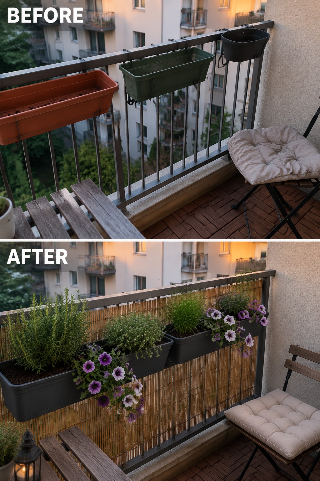 Balcony before and after with empty planters transformed into lush purple flowers and bamboo screen