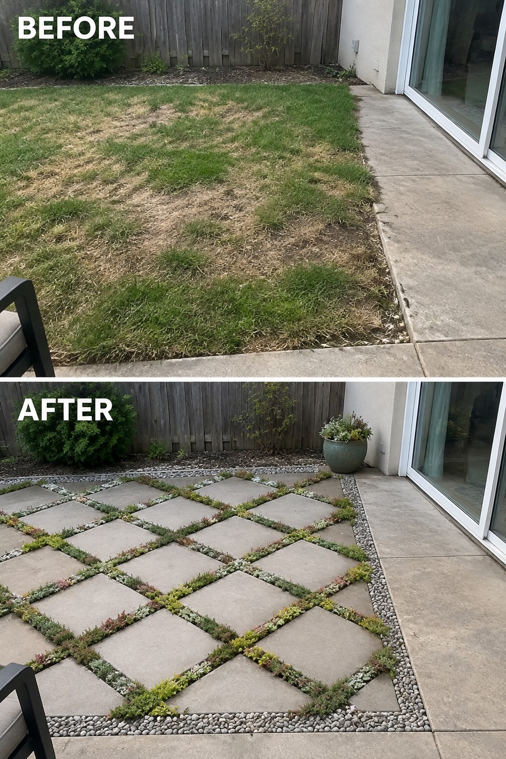 Before and after of patchy lawn replaced by geometric paver patio with succulents.