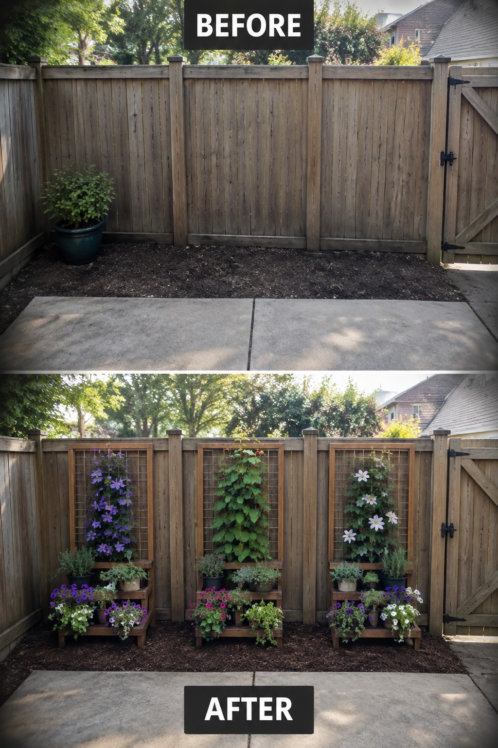 Before-and-after image of a bare wooden fence and dirt area turned into a planted space with three vertical trellis panels and tiered shelves holding multiple pots.