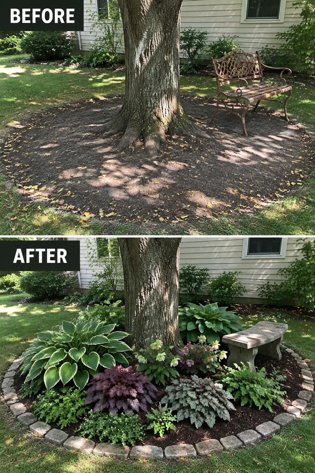 Before and after of tree base from bare dirt to colorful garden with plants and bench.