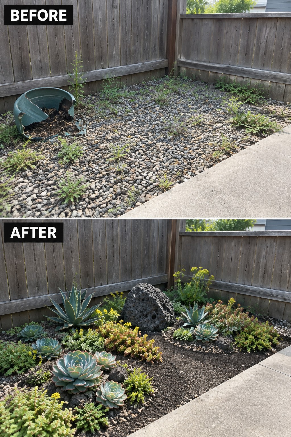 Before and after of gravel yard with broken pot transformed into succulent garden bed.