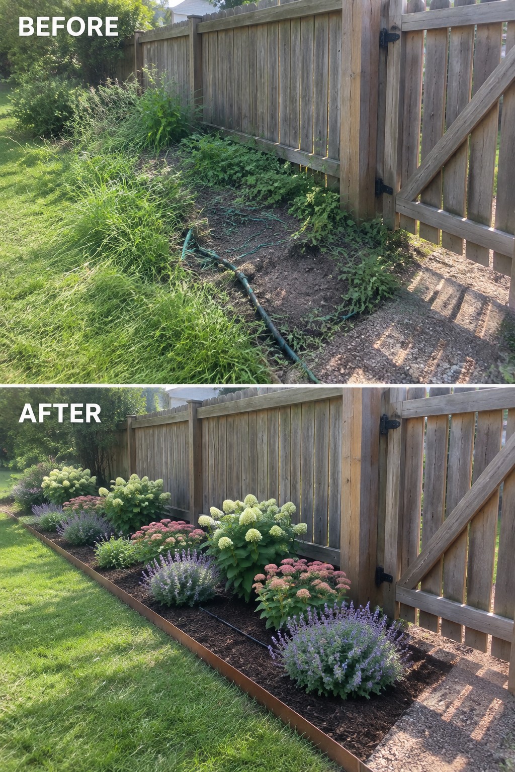 Before-and-after image of an overgrown strip along a wooden fence changed into a neat garden border with metal edging, mulch, and organized plants.