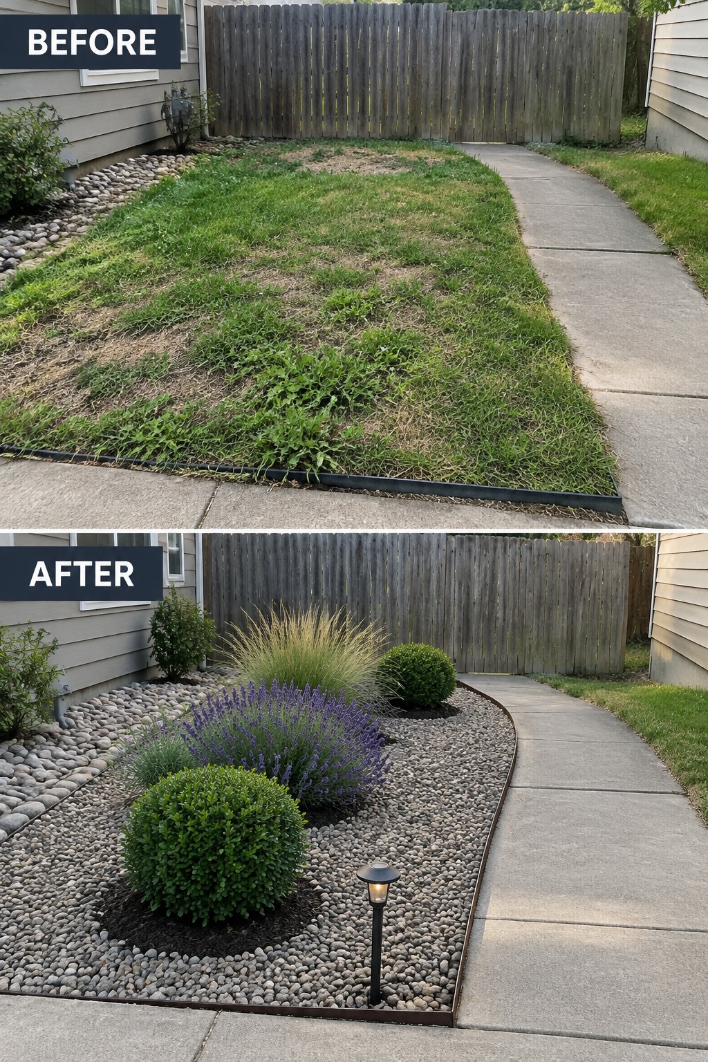 Before and after yard transformation from patchy grass to gravel garden with plants and light.