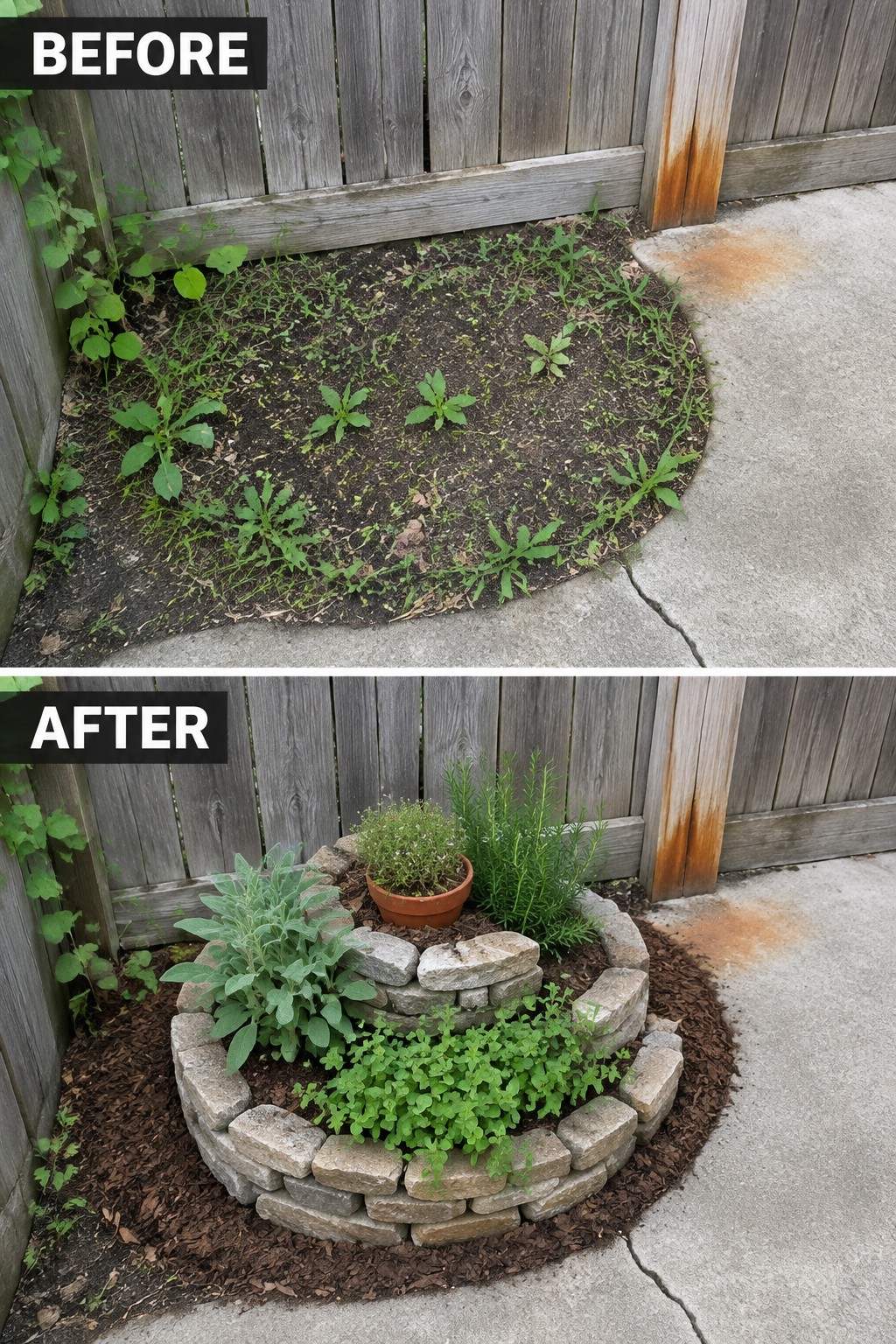 Before-and-after image of an overgrown dirt patch next to a fence and concrete path changed into a circular stone-edged garden bed filled with mulch and arranged plants.