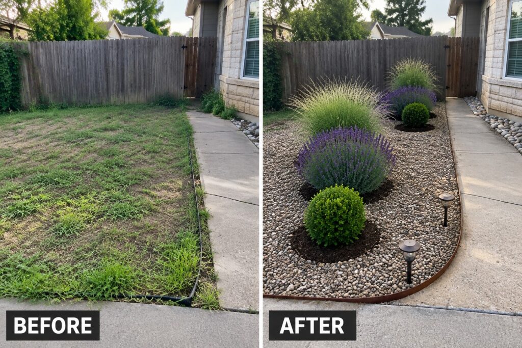 21 Clever Small Garden Makeover Ideas That Improve Planting Layouts Before and after yard transformation from patchy grass to gravel garden with plants and light.